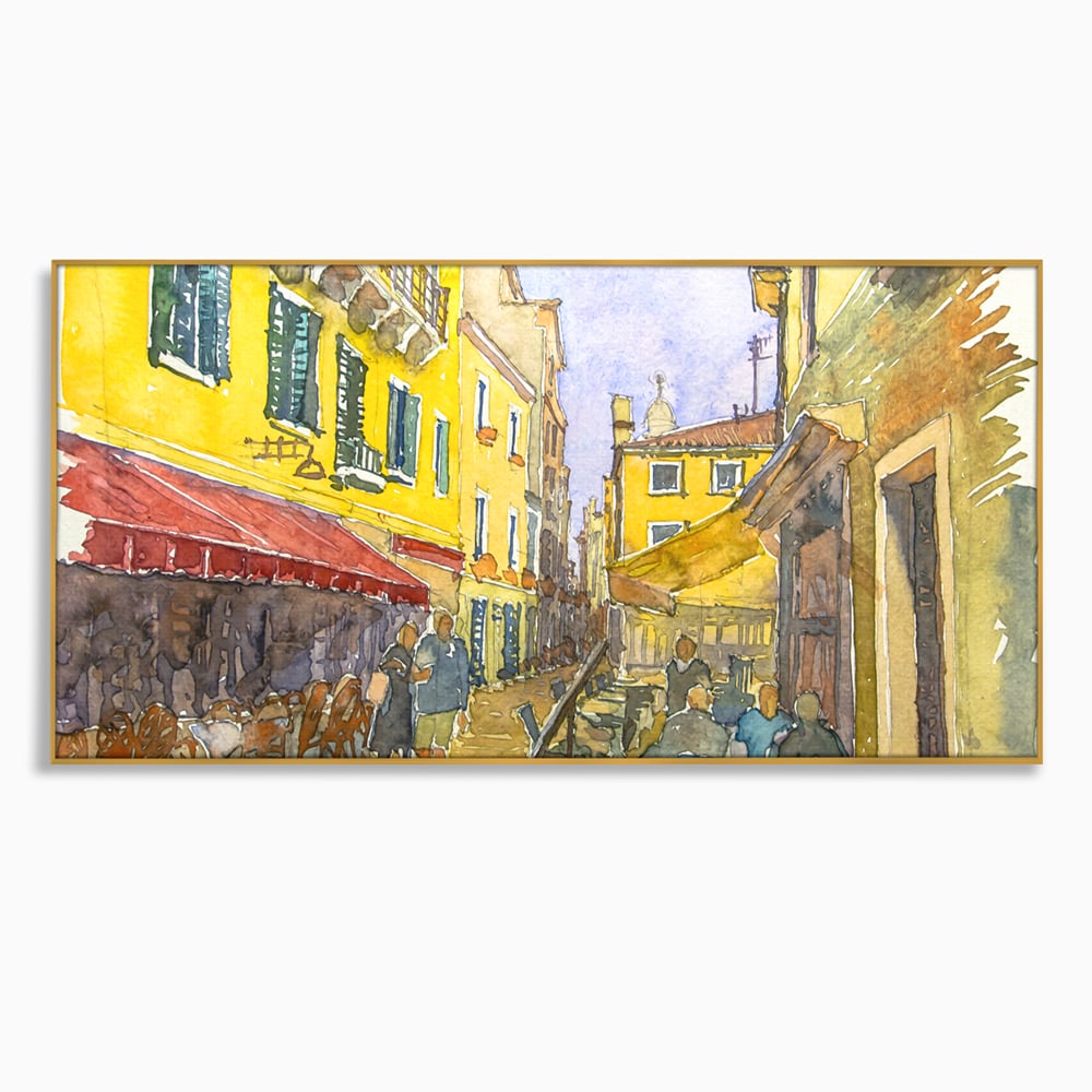 Tablou canvas cu pictura acuarela strada cu terase, in rama de aluminiu auriu